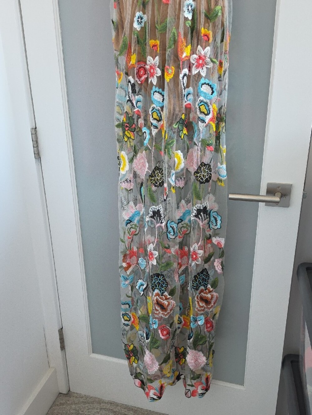 Embroidered Floral Sheer Maxi Dress in Tan with Multicolor Blooms - Picture 10 of 11